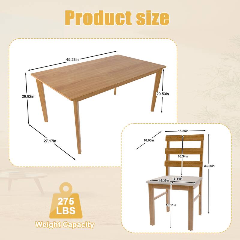5 Piece Solid Wood Dining Set with Rectangle Table and 4 Upholstered Chairs Natural Finish
