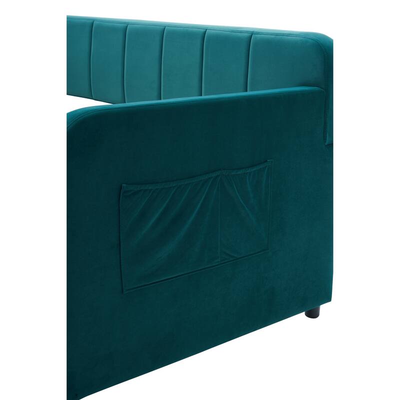 Twin Size Velvet Upholstered Daybed, Wood Sofa Bed Frame Daybed Couch with Trundle Bed and Wood Slat