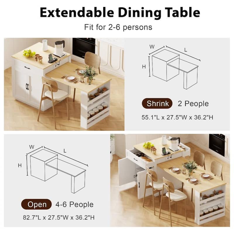 82.7" Wooden 4-6 Person Kitchen Island with Extendable Dining Table and Double-sized Storage