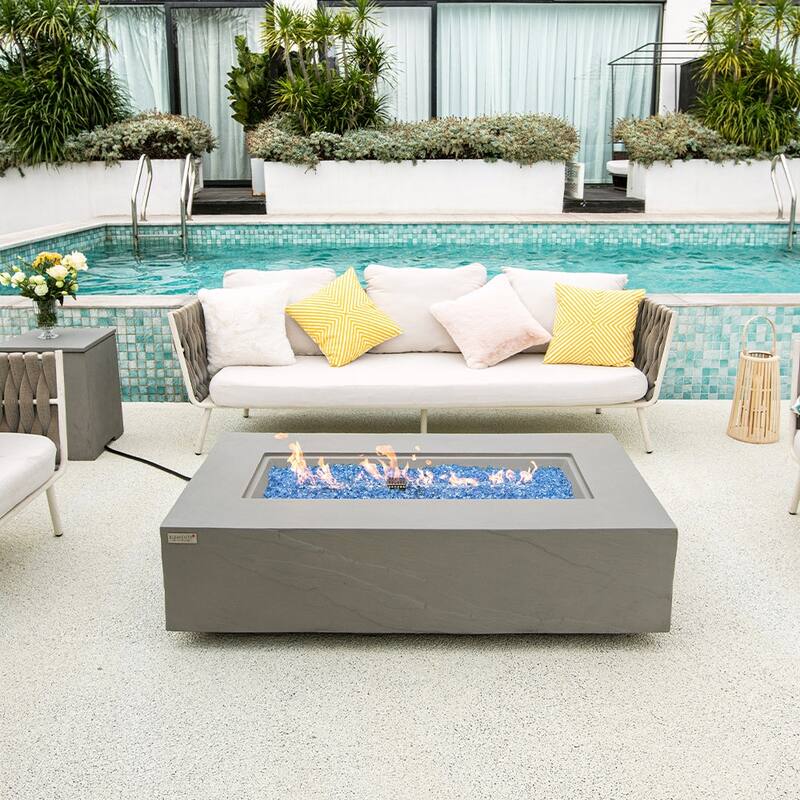 Elementi Plus Meteora Outdoor Fire Pit Table Concrete Rectangular 60000 BTU - 55.9 x 31.9 inches with Lid, Fire Glass, and Cover
