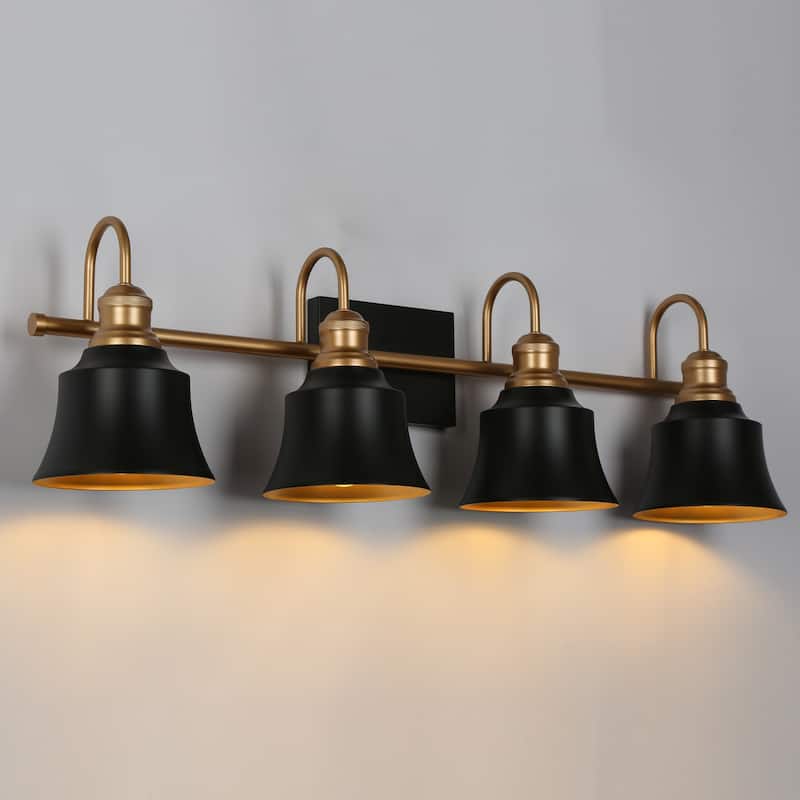 Farmhouse Rustic Black Metal 4-light Bathroom Vanity Light with Bell Metal Shade - L 31" x W 7.5" x H 9"