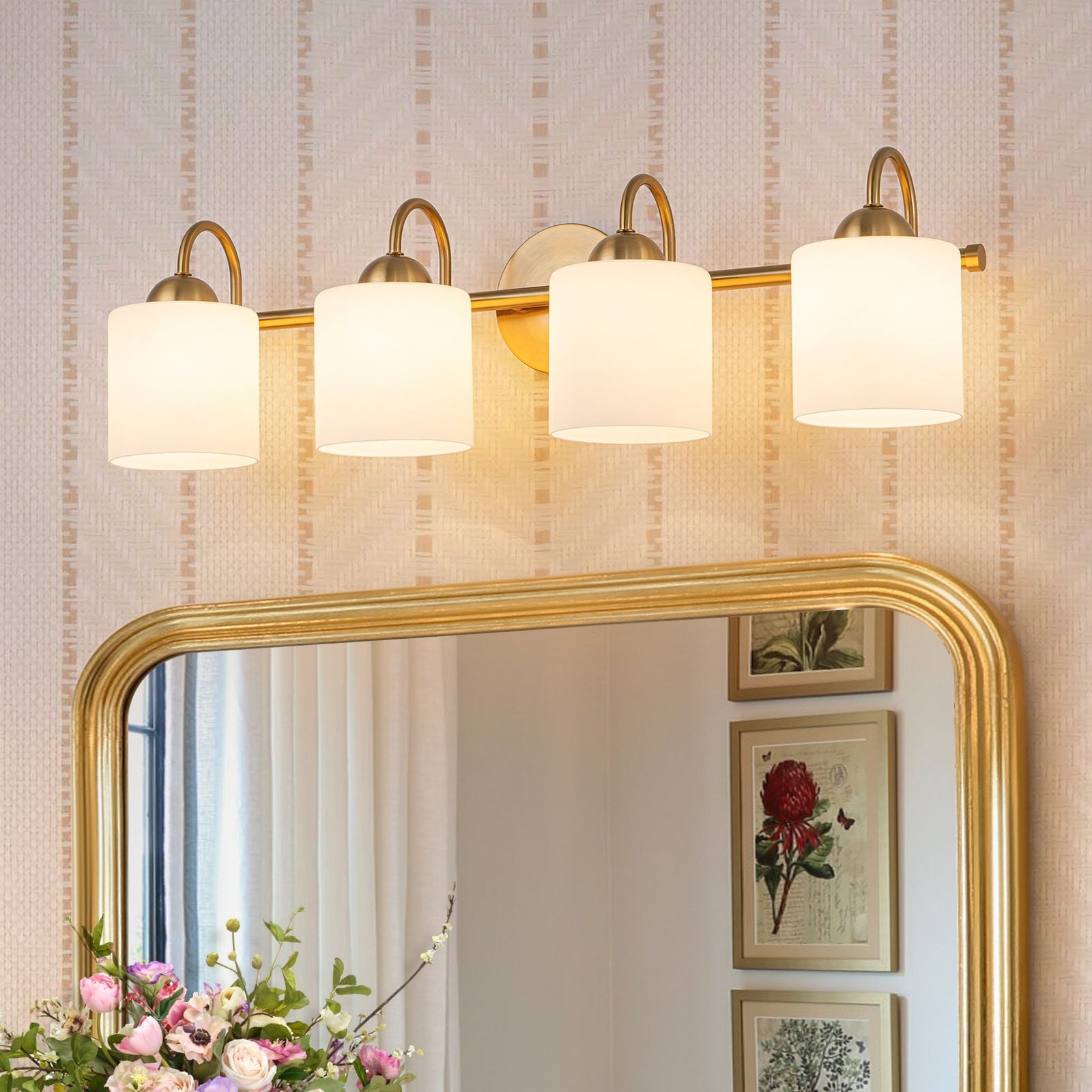 Modern 3/4 Lights Gold Vanity Light with Cylinder Frosted Glass Shades
