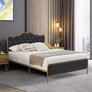 Full size bed, Classic buckle backrest, metal frame, solid wood ribs ...