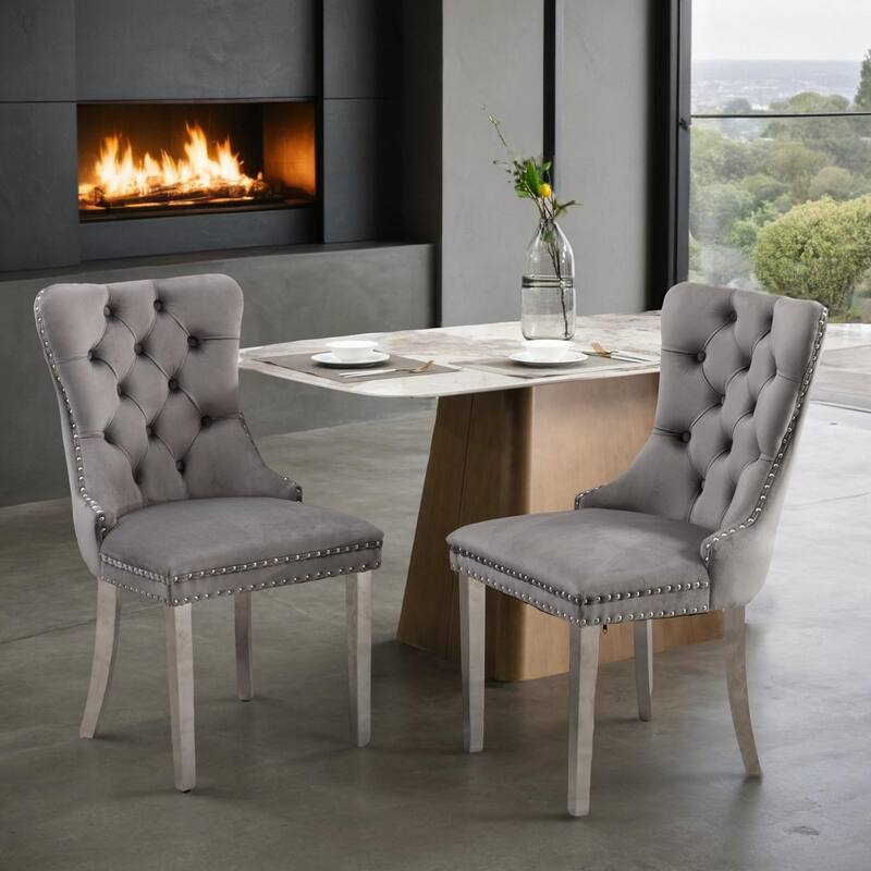 Solid Wood Contemporary Velvet Upholstered Dining Chair with Golden Stainless Steel Plating Legs,Nailhead Trim,Set of 2