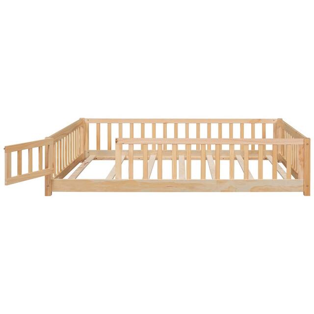 Twin/Full/Queen size Floor Platform Bed with Fence and Door for Kids, Toddlers
