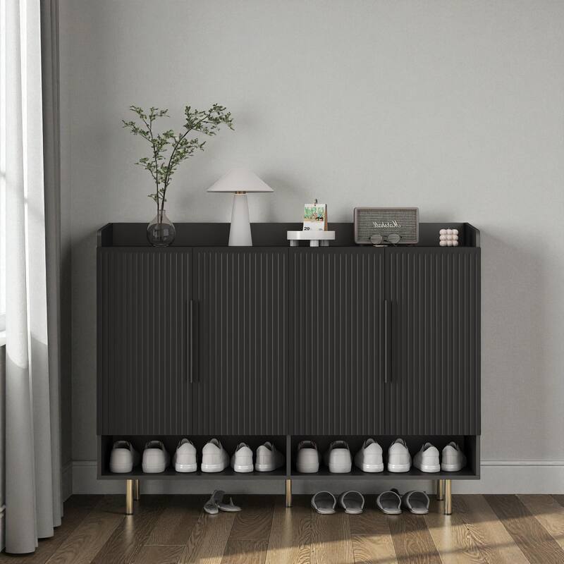 Modern Black 4-Door Shoe Cabinet, Large Entryway Storage Organizer with Adjustable Shelves