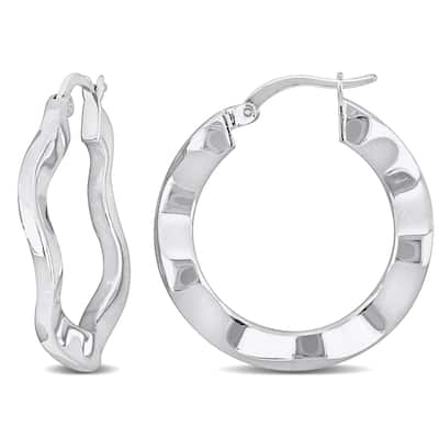 Miadora Sterling Silver 27mm Round Wave Hoop Earrings