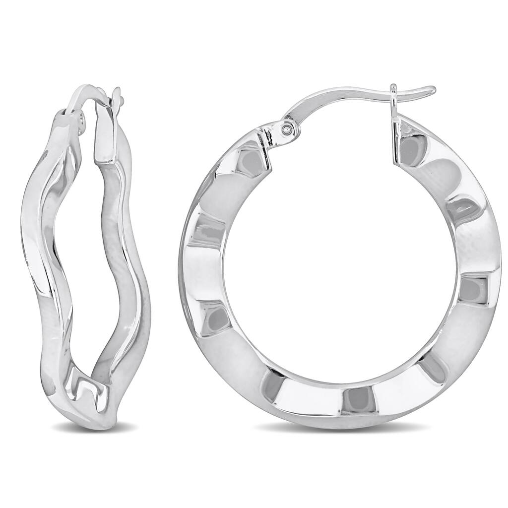 Miadora Sterling Silver 27mm Round Wave Hoop Earrings