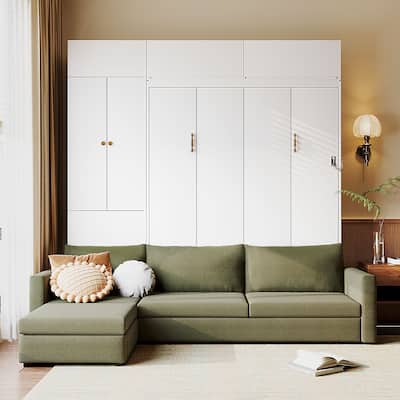 Versatile Queen Size Murphy Bed Wooden Folding Bed Frame integrated with L-shaped Chaise Sectional Sofa and Storage Cabinets