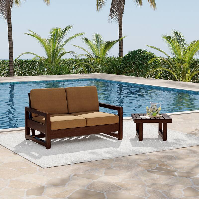 Teak Loveseat Patio Set with Cushions and Table (2-Piece)