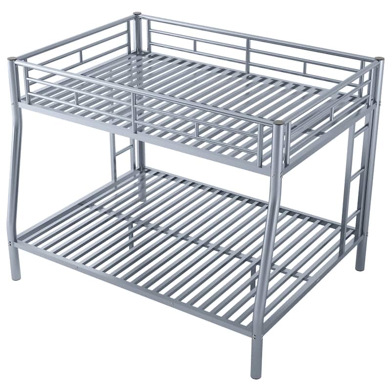 Silver Full XL over Queen Size Metal Bunk Bed with Ladder & Guardrails for Kids