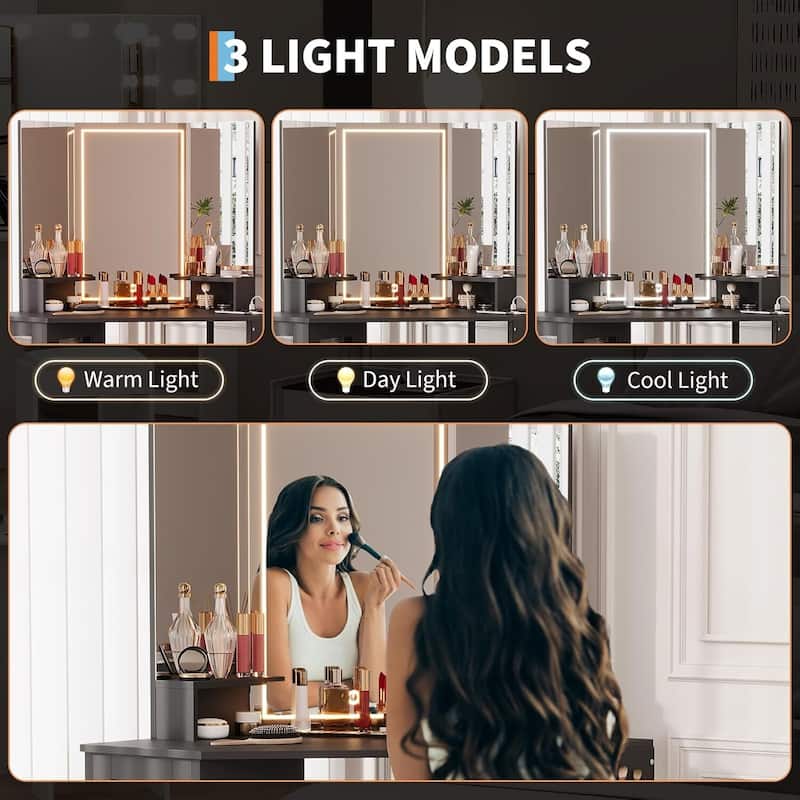 Corner Vanity Desk and Stool, Makeup Dressing Table Set with Light Mirror