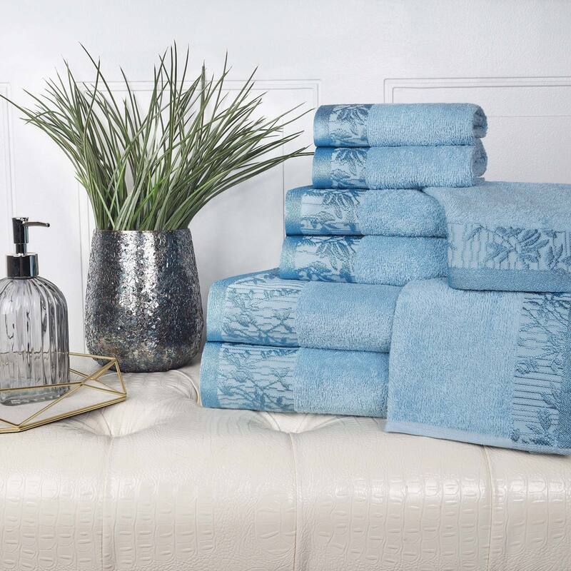 Superior Wisteria Cotton Floral Jacquard 8 Piece Bathroom Towel Set - Waterfall