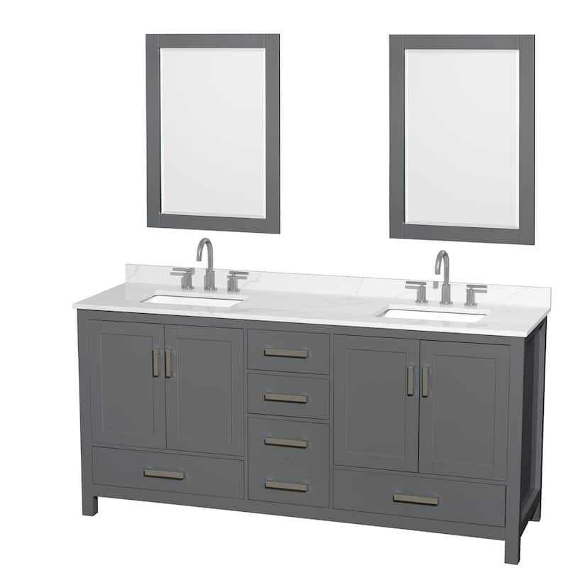 Sheffield 72-inch Double Vanity, 3 Hole Quartz Top, 24-inch Mirrors - Dark Gray, Chrome Trim, Giotto Quartz Top
