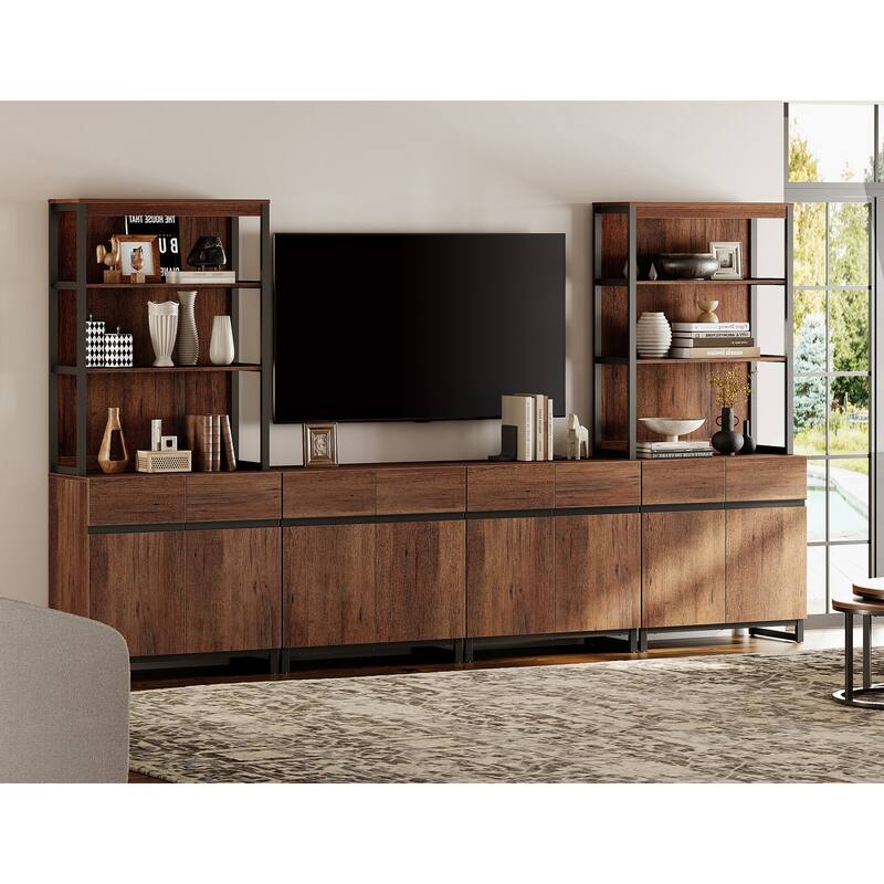 WAMPAT Modern TV Stand with 3 Tiers Bookshelf, Farmhouse Entertainment Center with 4 Large Storage Cabinets and Adjustable Shelf