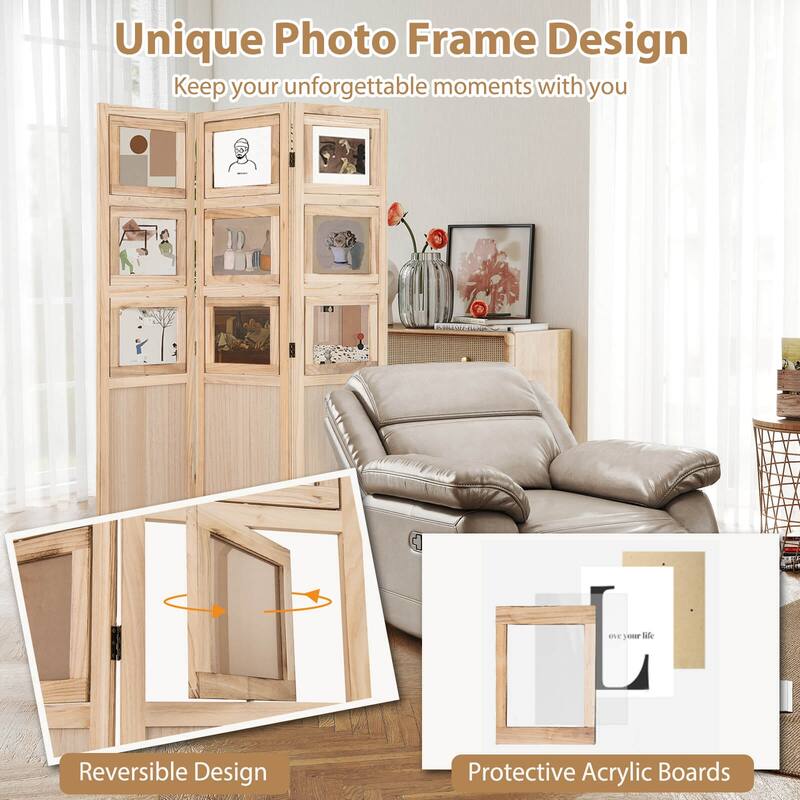 Costway 67” 3 Panel Room Divider with Paulownia Wood Photo Frames - Natural - See Details