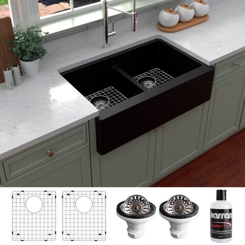 Karran Farmhouse Apron Front Quartz Double Bowl Kitchen Sink Kit