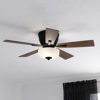 Lisbon 42 in. Low Profile Flush Mount Ceiling Fan, Reversible Brown-Black Hickory Blades, LED Light Kit, Pull Chain, White Shade