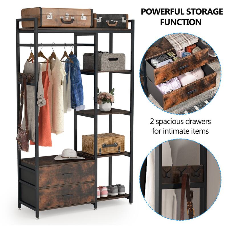 Heavy-Duty Garment Rack with 2 Drawers Shelves, Hanging Rod, Freestanding Closet Organizer, Large Open Wardrobe Closet