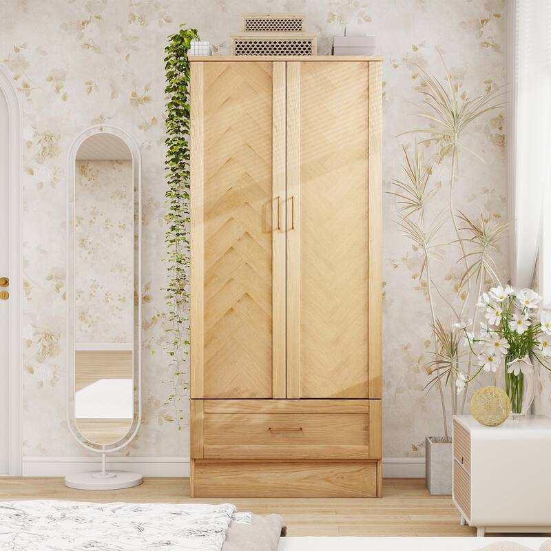100% Solid Wood Armoire Wardrobe Closet with 2 Door, 70.87"H Bedroom Armoire Closet with Drawer and Hanging Rod, Wood Finish
