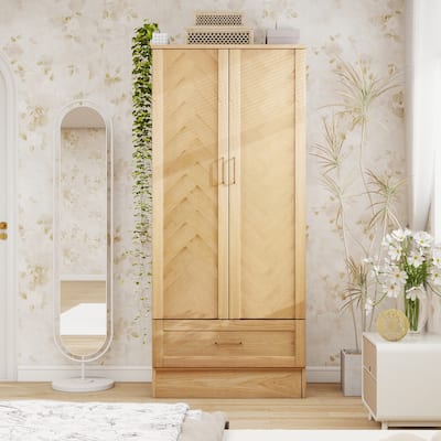 100% Solid Wood Armoire Wardrobe Closet with 2 Door, 70.87"H Bedroom Armoire Closet with Drawer and Hanging Rod, Wood Finish