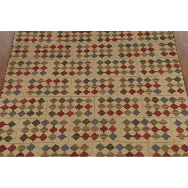 Geometric Kilim Oriental Area Rug Flatweave Beige / Ivory Wool Carpet - 7'8"x 10'0"