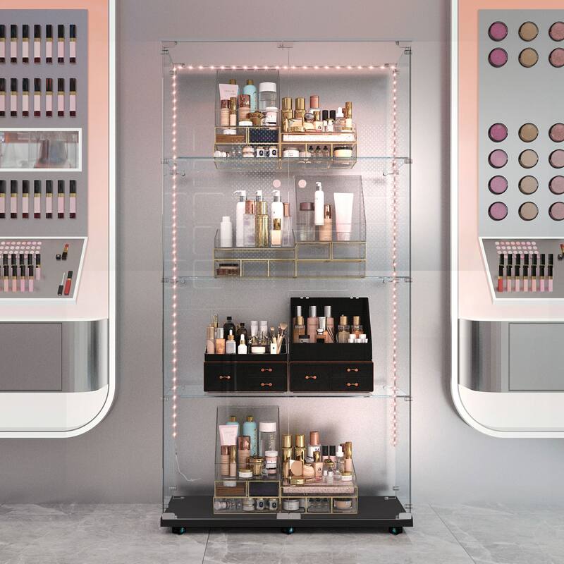 Tempered glass cabinet,wine cabinet,storage cabinet,file cabinet,with Bluetooth LED,remote control or mobile APP,swivel casters