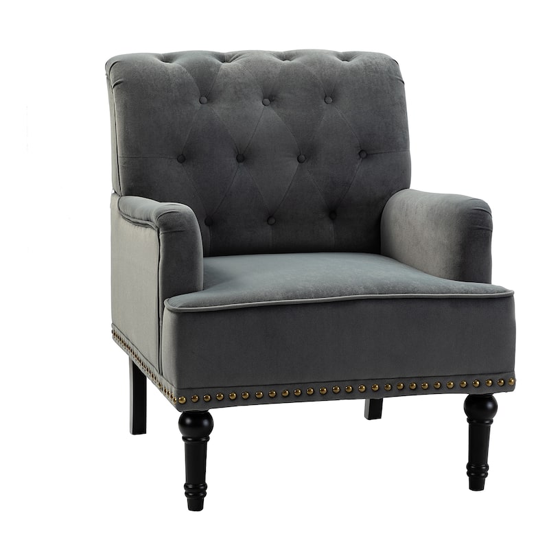 Geltrude Transitional Upholstered Button Tufted Club Chair with turned wooden Legs by HULALA HOME