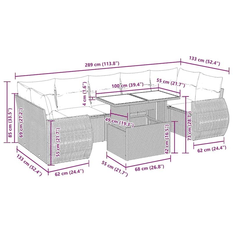 vidaXL Patio Sofa Set with Cushions Outdoor Furniture 8 Piece Poly Rattan - 24.4 x 24.4 x 27.2