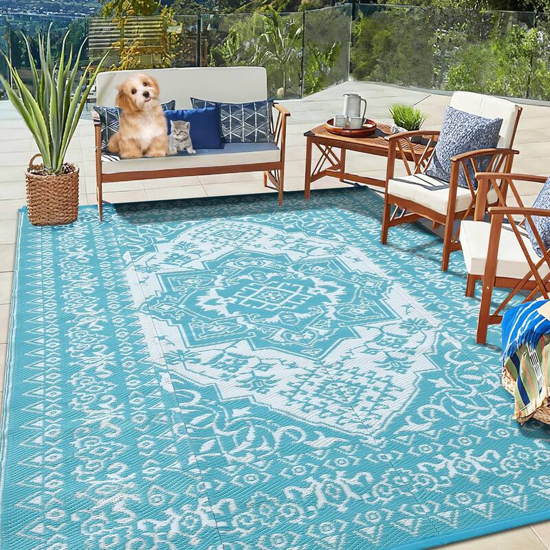 Outdoor Patio Rug Waterproof Reversible Carpet Vintage Boho Medallion Rug Plastic Straw Rug