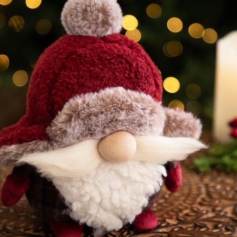 Plush Gnome Christmas Figure in Winter Trapper Hat - 7.75" - Maroon and Brown