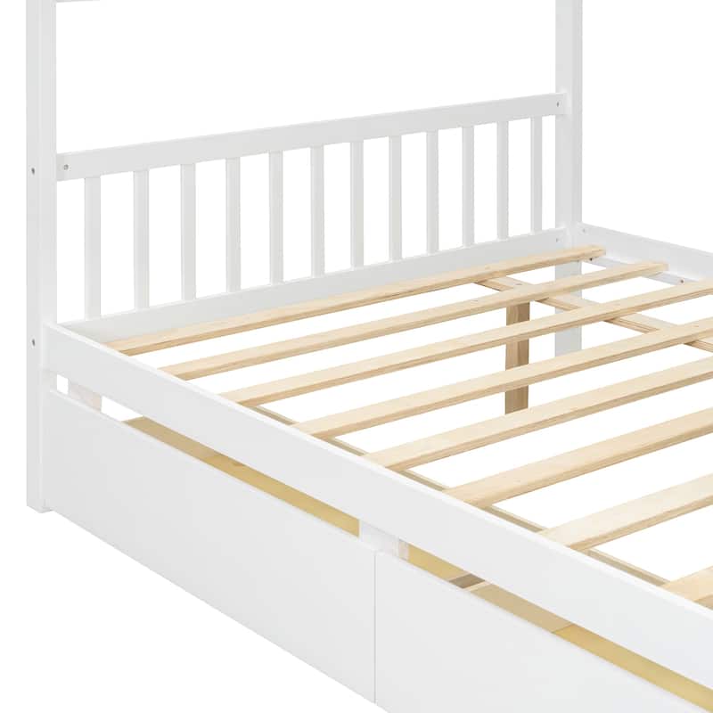Creativity House Bed Full Size Frame with 2 Wood Drawers for Boys Girls, Wood Platform Bed with Roof No Box Spring Needed