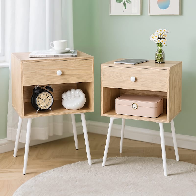 VECELO Nightstand Set of 2 Mid Century 1-Drawer Nightstand with Enclosed Open Shelf Multi-Color Options for Bedroom Living room - Oak