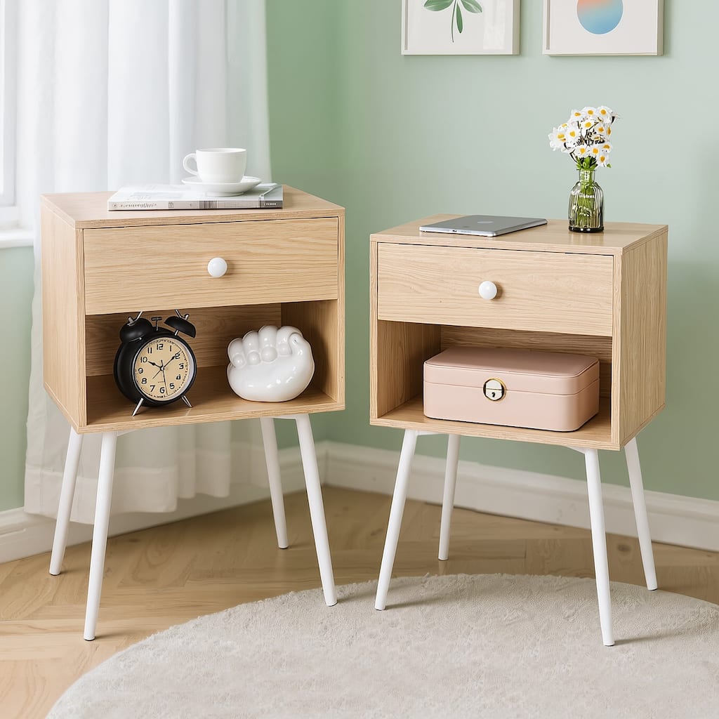VECELO Nightstand Set of 2 Mid Century 1-Drawer Nightstand with Enclosed Open Shelf Multi-Color Options for Bedroom Living room