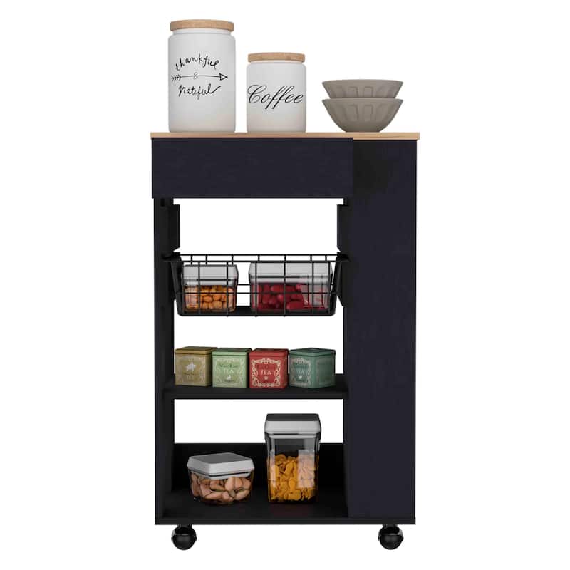 Kitchen Cart, One Drawer, Two Open Shelves, Four Casters -White / Light Oak