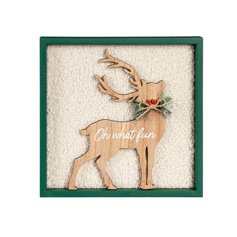 12" x 12" Wooden Reindeer on Polyester Wall Decor, "Oh What Fun"