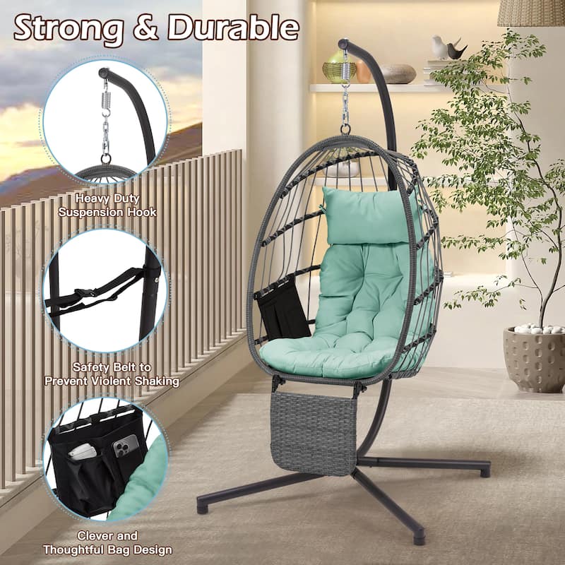 EROMMY Hanging Egg Chair with Stand, Foldable Indoor/Outdoor Swing Chair includes Cushion and Pillow, Patio Wicker Swing