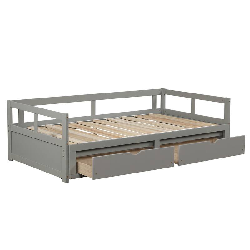 Extendable Daybed with Trundle & 2 Drawers, Twin to King Daybed w/Solid Wood Roll Out Bed Frame