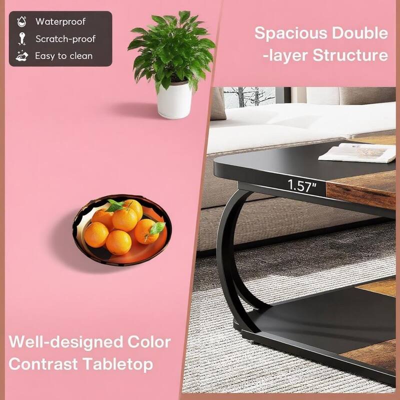 Rustic Brown and Black Square Coffee Table with Two-Tier Storage and Metal Frame for Living Room - 39.25”L x 39.25”L x 19.75”H