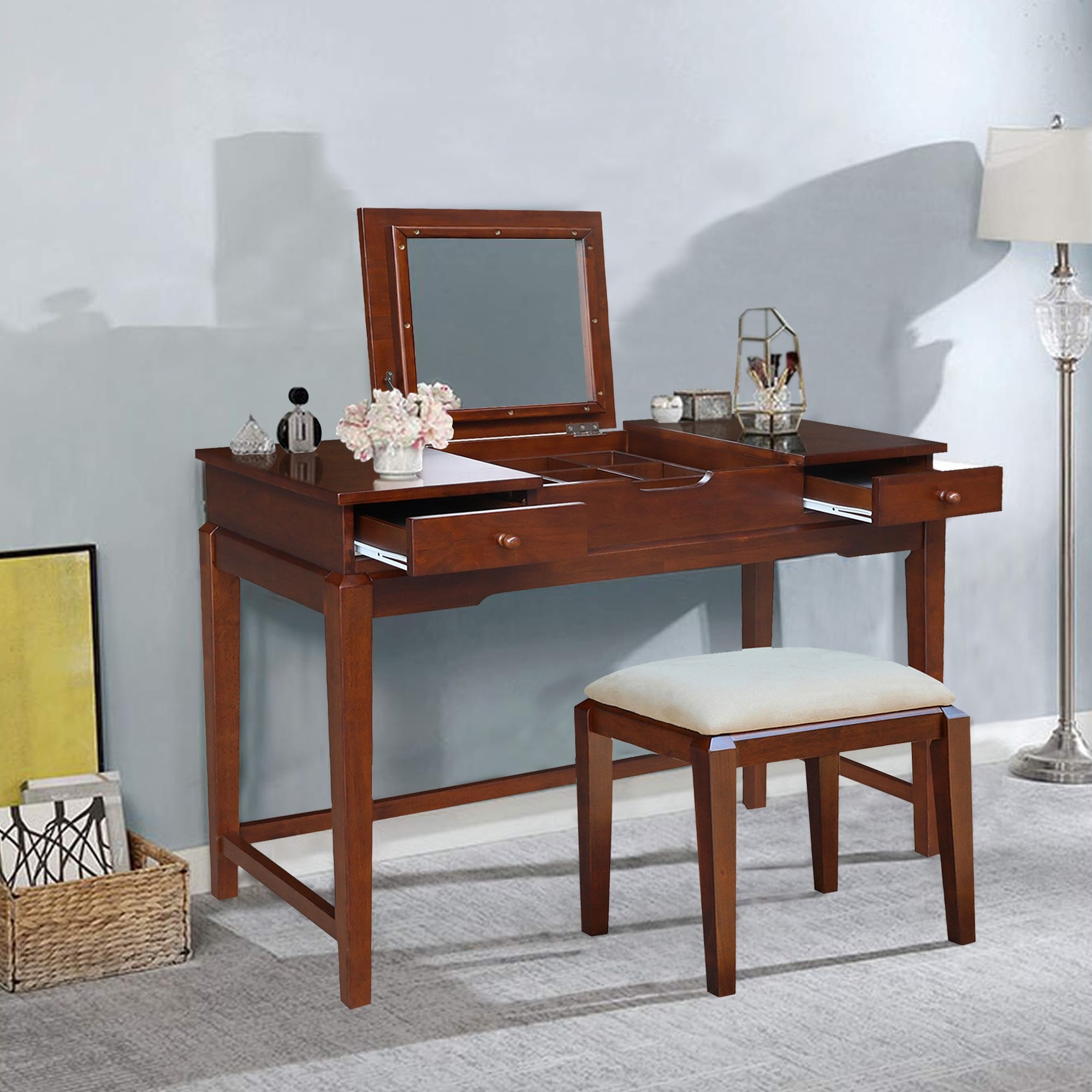 Solid Wood Vanity Table with Vanity Bench (Espresso Finish