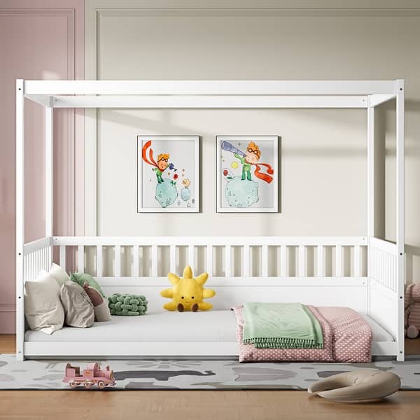slide 2 of 14, Full Size Canopy Bed Frame with Guardrails,Floor Bed Full with Four Poster Design,Kids Floor Bed,Wood Canopy Bed Frame White