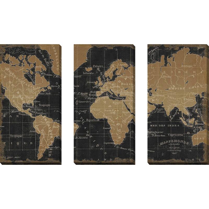 "Mappemonde Borderless Black Gold" 3 Piece Set on Canvas