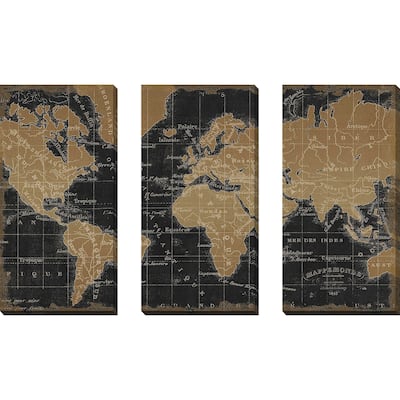 "Mappemonde Borderless Black Gold" 3 Piece Set on Canvas