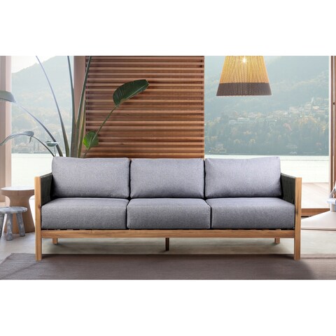 Sienna Outdoor Patio Sofa in Eucalyptus Wood with Teak Finish and Gray Fabric