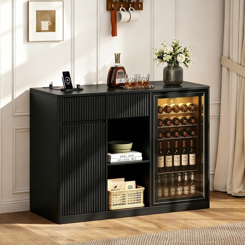 Fluted 51" Bar Cabinet With Fridge Space, Coffee Bar Cabinet With Wine Glass Rack, Snack Organize