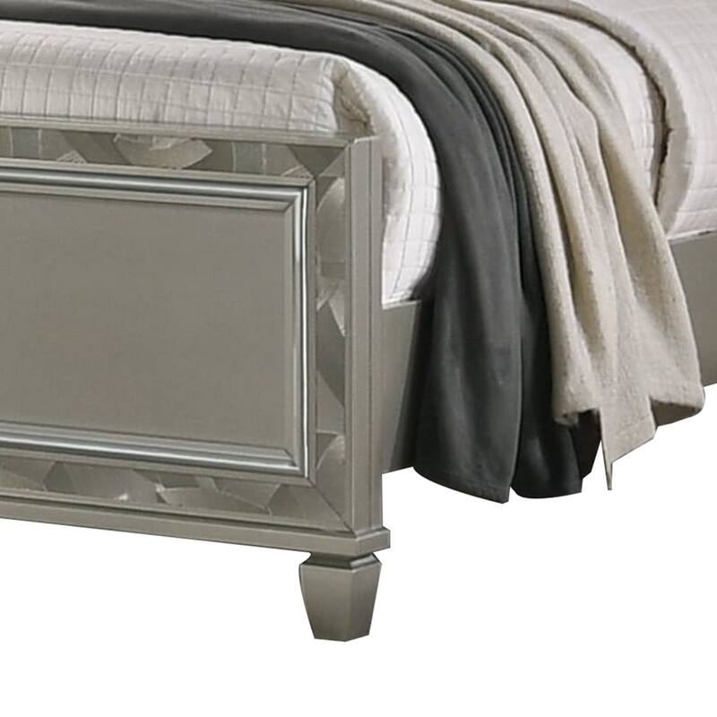 Bet Queen Bed, Silver Faux Leather Upholstery, LED, Crystal Accents, Brown