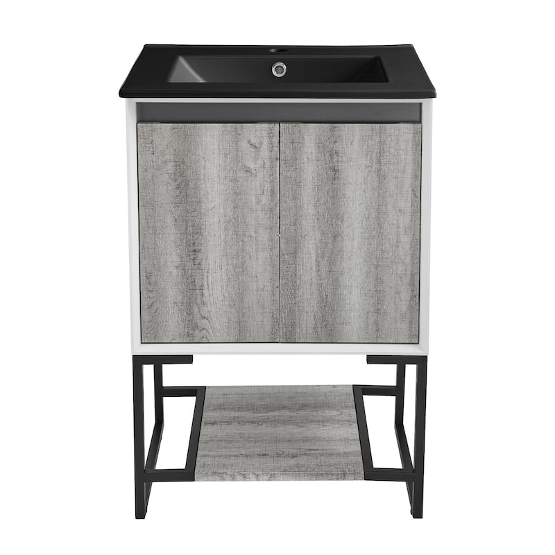 Marseille 24 In. Gray Oak Bathroom Vanity With Black Ceramic Sink Top