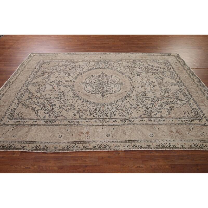Distressed Tabriz Vintage Persian Rug Hand-Knotted Beige Wool Carpet - 6'6" x 9'11"
