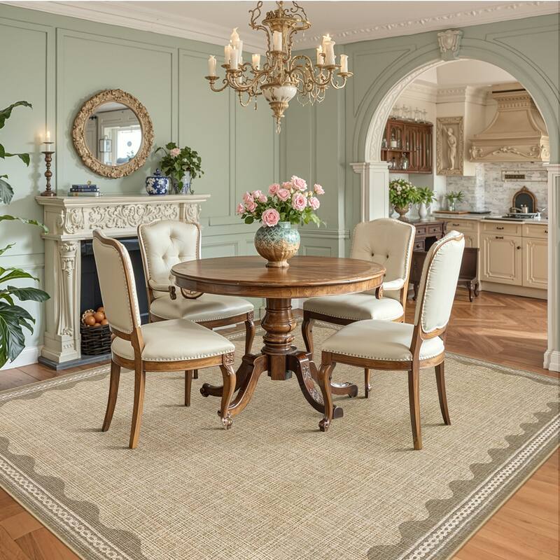Scalloped Pattern Rugs for Living Room Bedroom Soft Non Slip Low Pile Throw Carpet Washable Foldable Area Rug