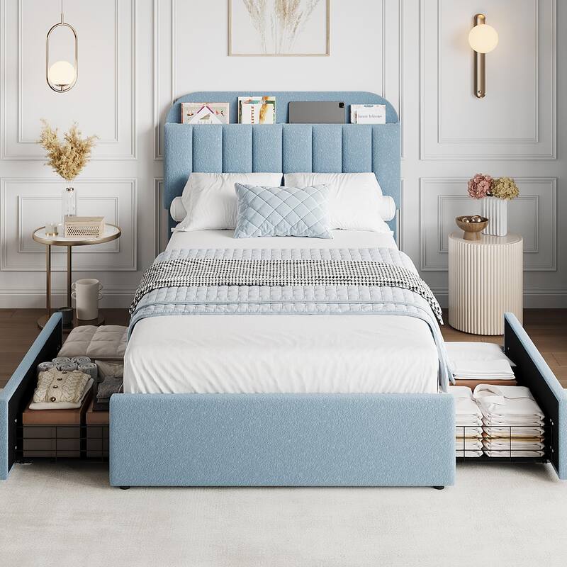 Twin/Full Bed Frame with 2 Flexible Drawers and Bookcase Headboard, Boucle Upholstered Platform Bed for Boys/Girls